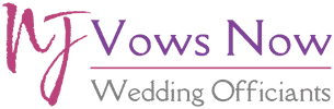 Logo with the text "Vows Now" in purple and pink, and "Wedding Officiants" in gray.